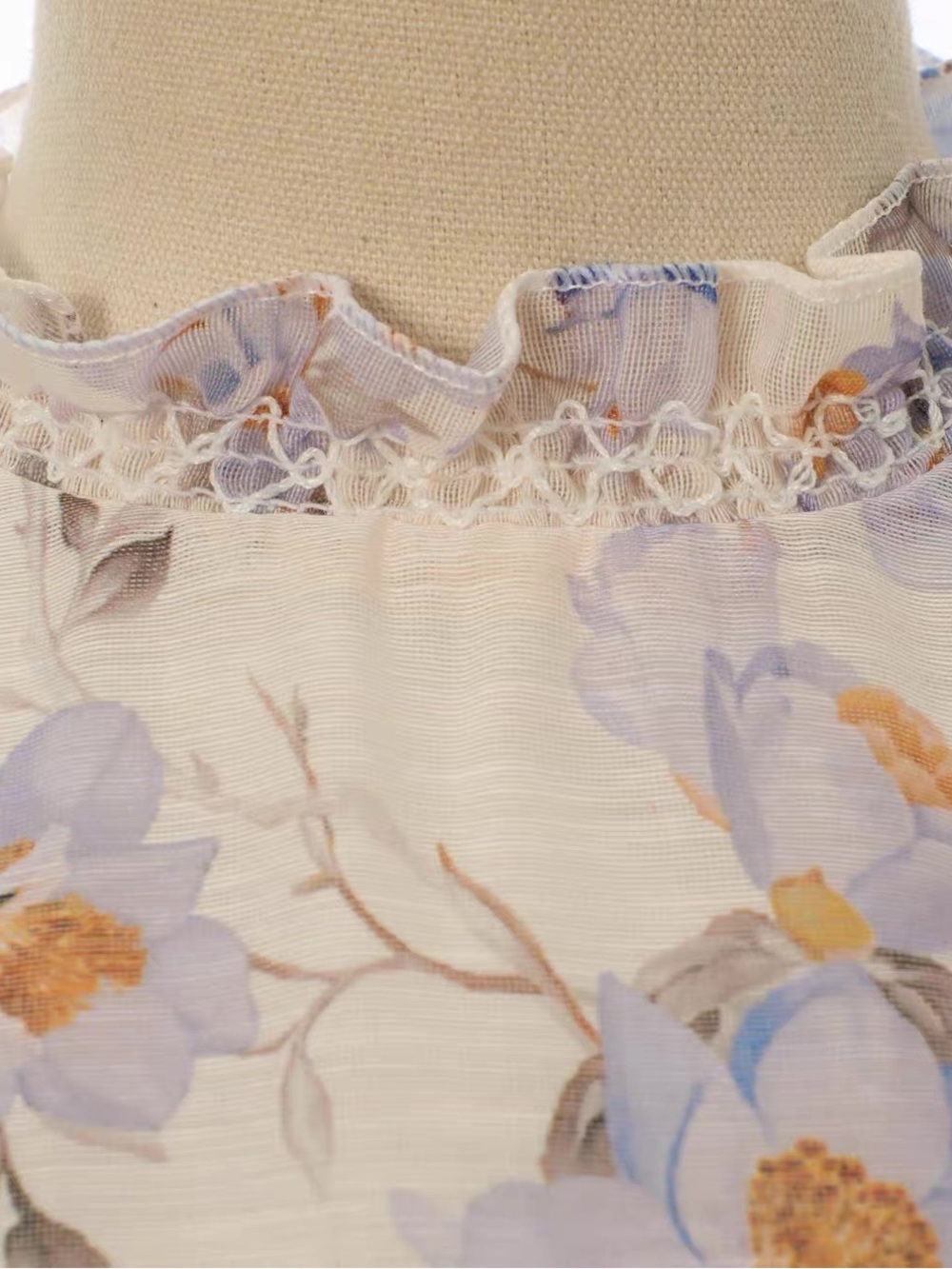 Designer-style Sleeveless Floral Ruffle Mini Dress in Ivory and Light Blue - Picture 5 of 12